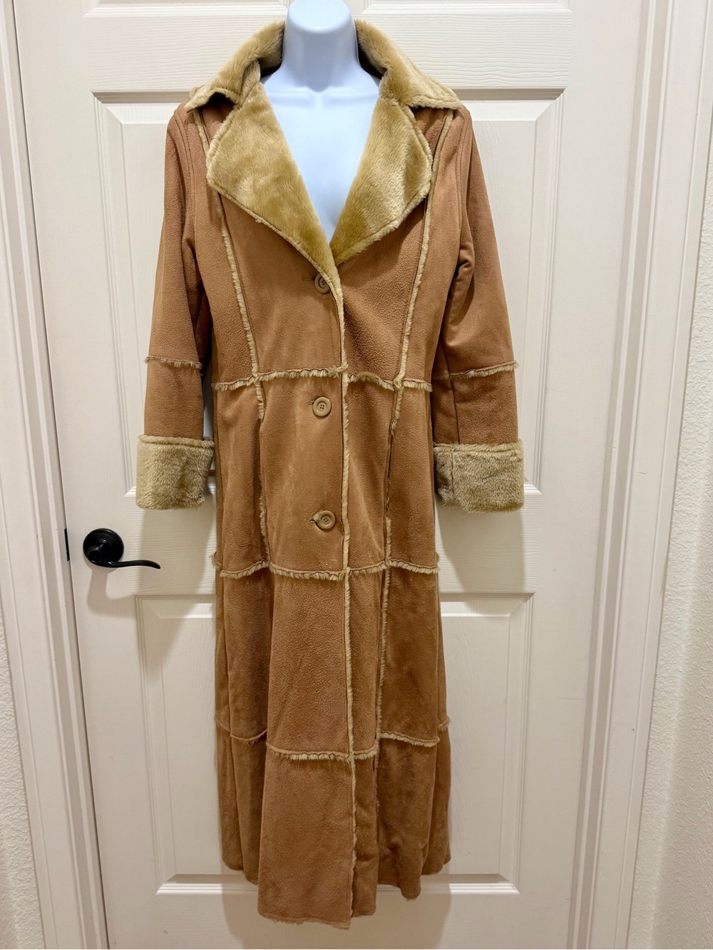 Vintage Y2K Camel Long Faux Suede Shearling Coat Penny Lane Duster Parisian